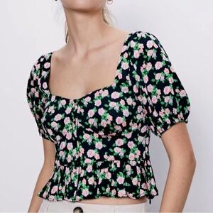 NWT Zara Floral Smocked Back Puff Sleeve Peplum Top